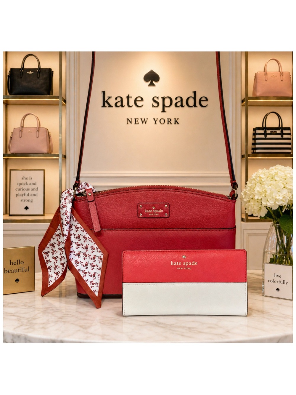 Kate Spade. 4 Piece: Millie Crossbody & Stacy Wallet with Free Dust Bag & Scarf.